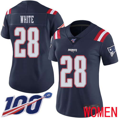 New England Patriots Football #28 100th Season Rush Limited Navy Blue Women James White NFL Jersey